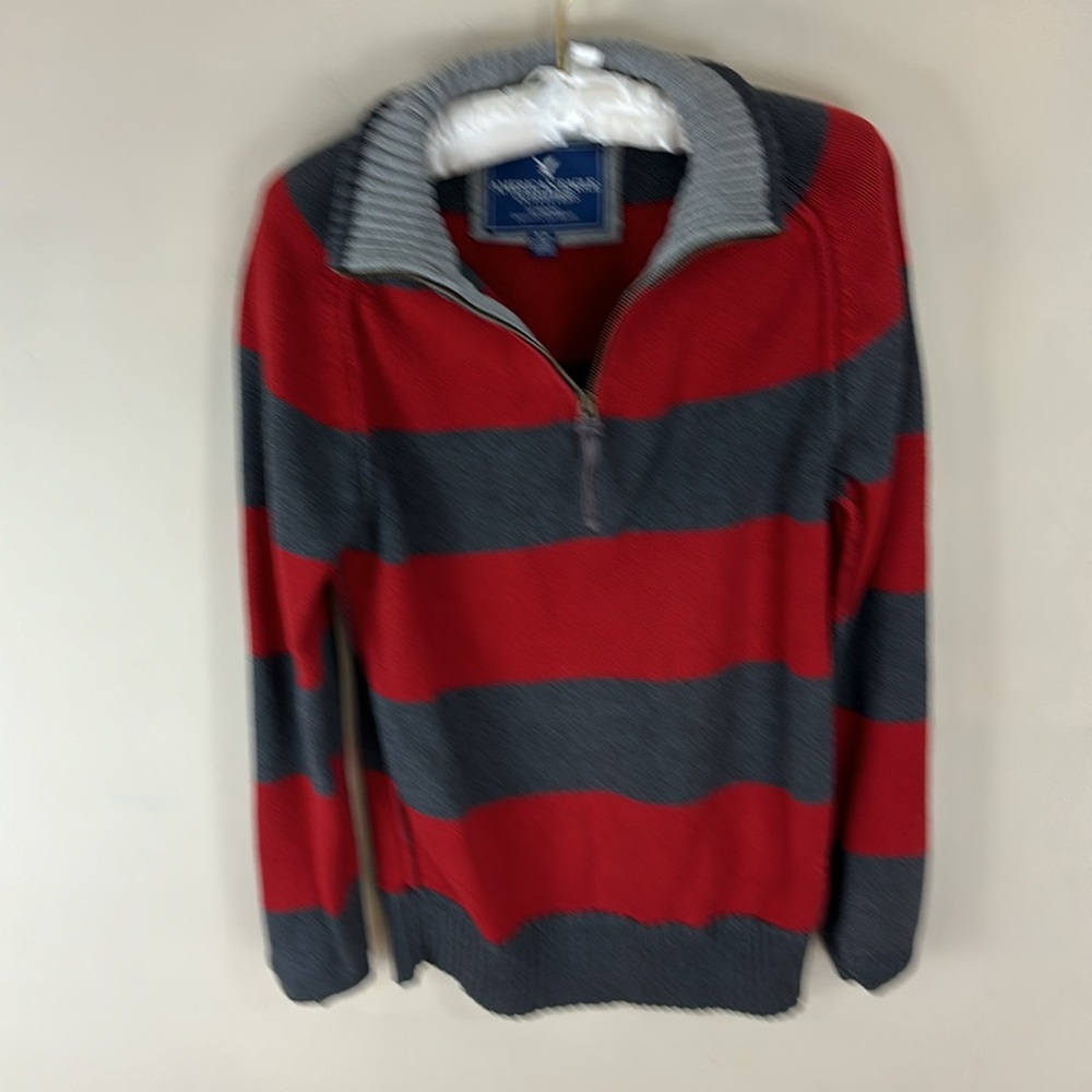 AEO Red and Gray Stripe 1/4 Zip Cotton Sweater Size Small